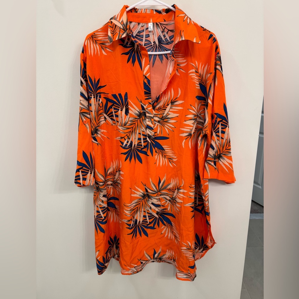 Vibrant Orange Tropical Print Tunic